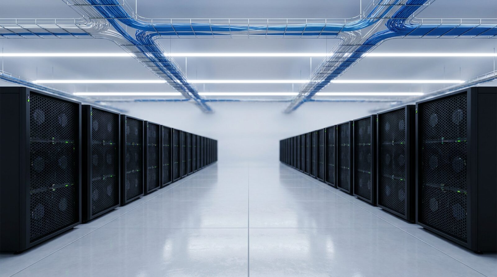 A cold aisle between two rows of GPU servers, with fibre patch cables in overhead trays.